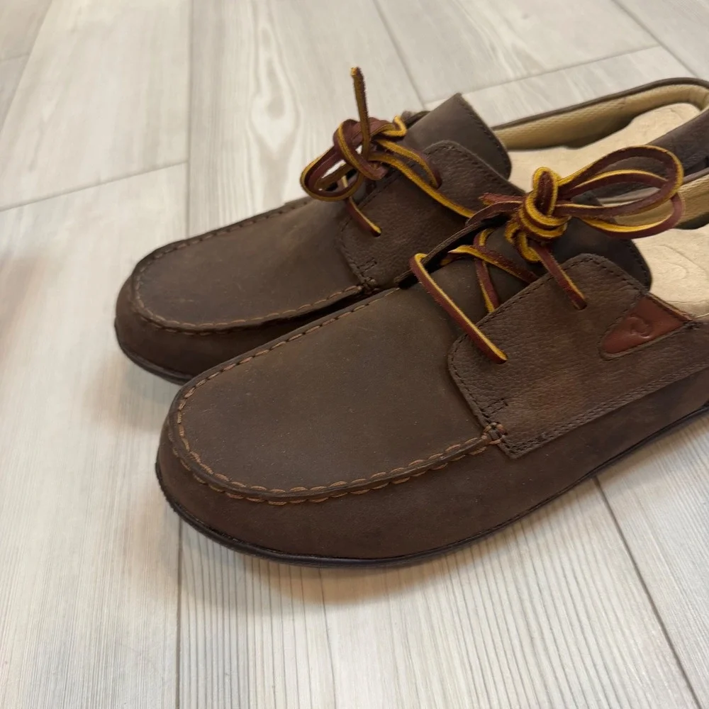 NEW OluKai Mano Mens Leather Boat Shoes Dark Wood Brown Loafers Size 14